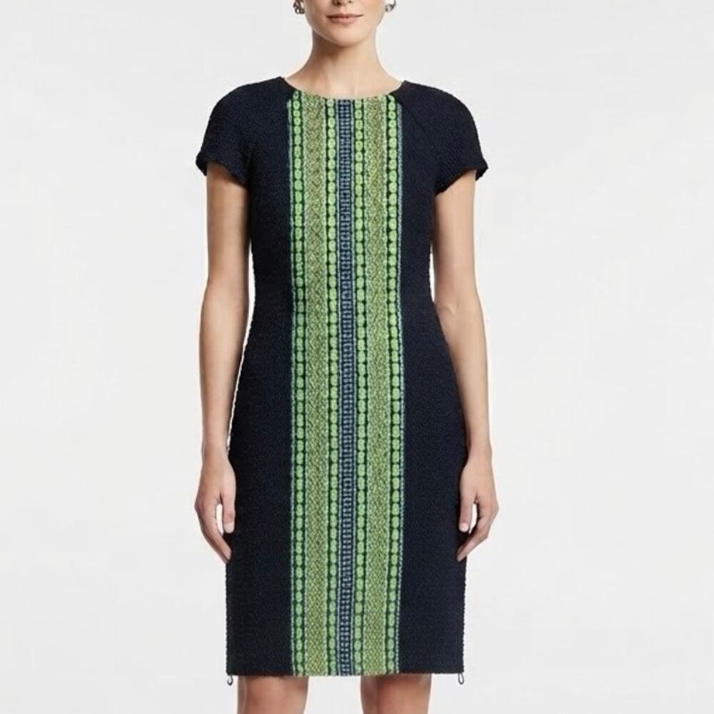J. Crew Collection Navy Blue Neon Green Woven Panel Tweed Shift Dress Size 2